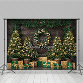 Aperturee - Aperturee Rustic Christmas Tree Farm Photography Backdrop Wood Wall with Garland Green and Gold Holiday Background